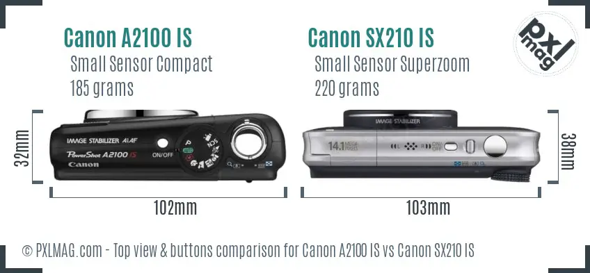 Canon A2100 IS vs Canon SX210 IS top view buttons comparison