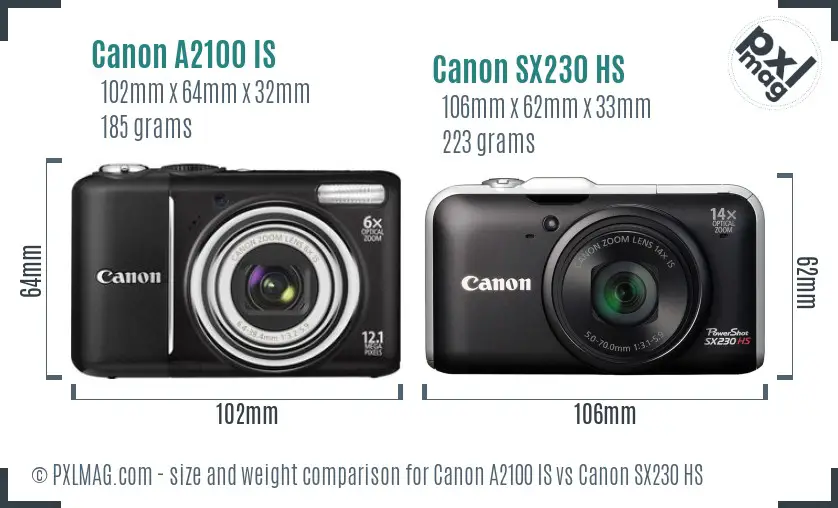 Canon A2100 IS vs Canon SX230 HS size comparison