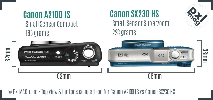 Canon A2100 IS vs Canon SX230 HS top view buttons comparison