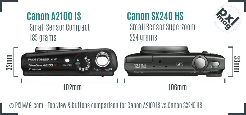 Canon A2100 IS vs Canon SX240 HS top view buttons comparison Canon A2100 IS vs Canon SX240 HS top view buttons comparison