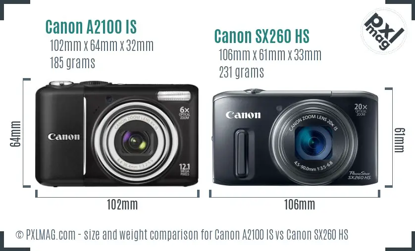 Canon A2100 IS vs Canon SX260 HS size comparison