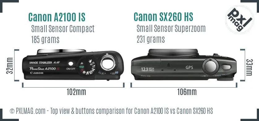 Canon A2100 IS vs Canon SX260 HS top view buttons comparison