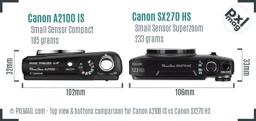 Canon A2100 IS vs Canon SX270 HS top view buttons comparison