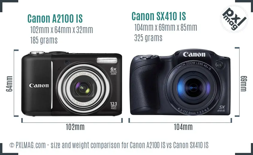 Canon A2100 IS vs Canon SX410 IS size comparison