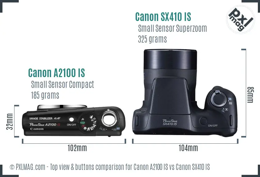 Canon A2100 IS vs Canon SX410 IS top view buttons comparison