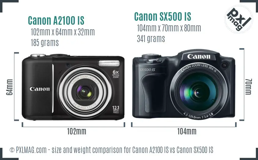 Canon A2100 IS vs Canon SX500 IS size comparison