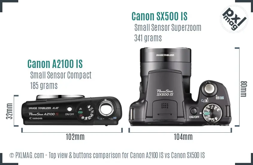 Canon A2100 IS vs Canon SX500 IS top view buttons comparison