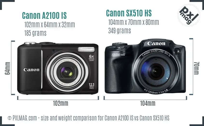 Canon A2100 IS vs Canon SX510 HS size comparison Canon A2100 IS vs Canon SX510 HS size comparison