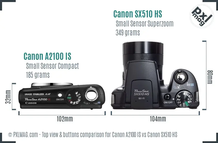 Canon A2100 IS vs Canon SX510 HS top view buttons comparison