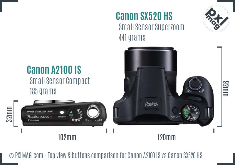 Canon A2100 IS vs Canon SX520 HS top view buttons comparison