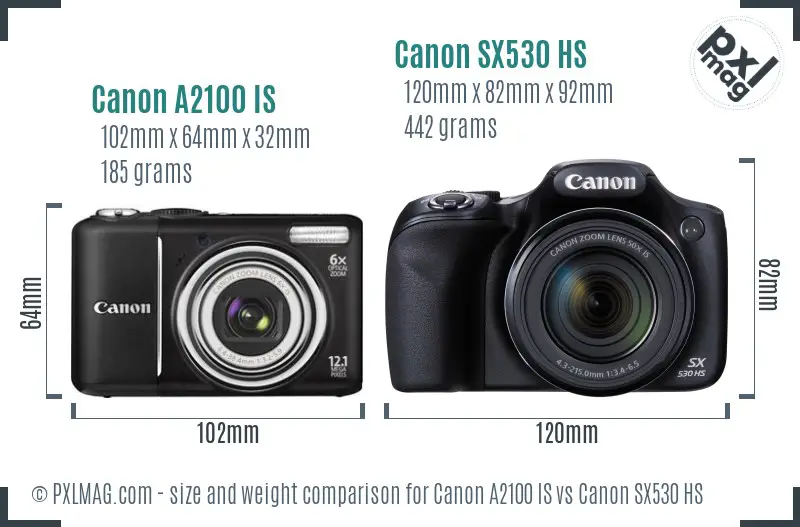 Canon A2100 IS vs Canon SX530 HS size comparison Canon A2100 IS vs Canon SX530 HS size comparison