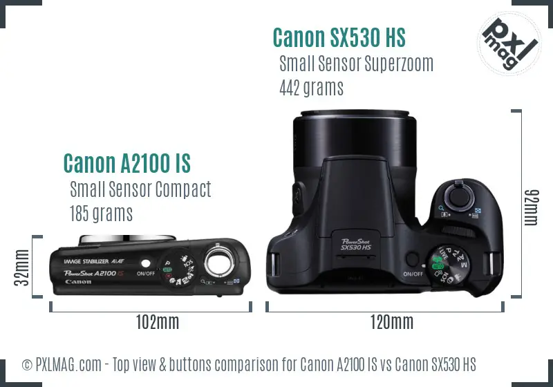 Canon A2100 IS vs Canon SX530 HS top view buttons comparison Canon A2100 IS vs Canon SX530 HS top view buttons comparison