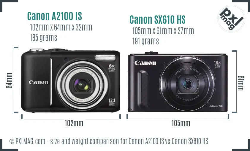 Canon A2100 IS vs Canon SX610 HS size comparison