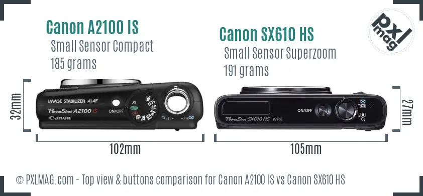 Canon A2100 IS vs Canon SX610 HS top view buttons comparison