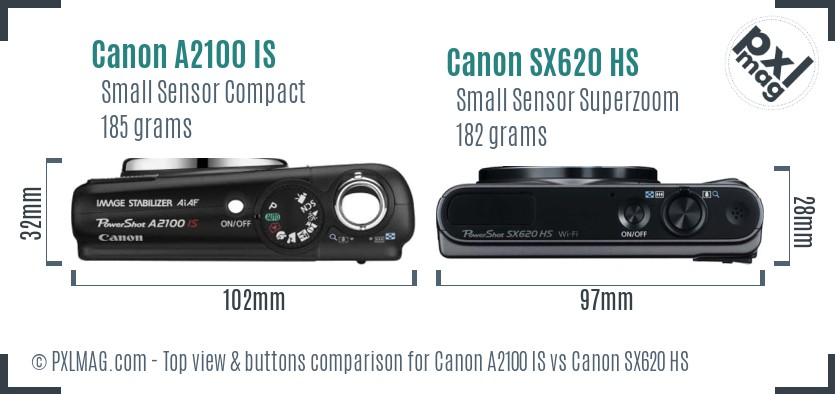 Canon A2100 IS vs Canon SX620 HS top view buttons comparison