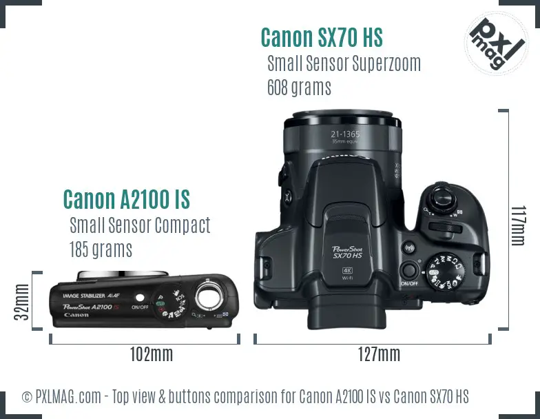 Canon A2100 IS vs Canon SX70 HS top view buttons comparison