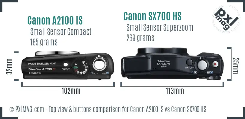 Canon A2100 IS vs Canon SX700 HS top view buttons comparison