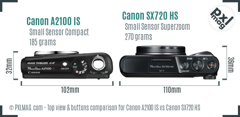 Canon A2100 IS vs Canon SX720 HS top view buttons comparison