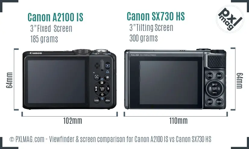 Canon A2100 IS vs Canon SX730 HS Screen and Viewfinder comparison