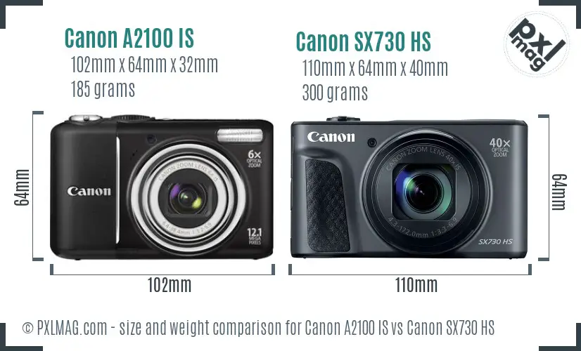 Canon A2100 IS vs Canon SX730 HS size comparison