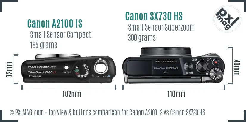 Canon A2100 IS vs Canon SX730 HS top view buttons comparison