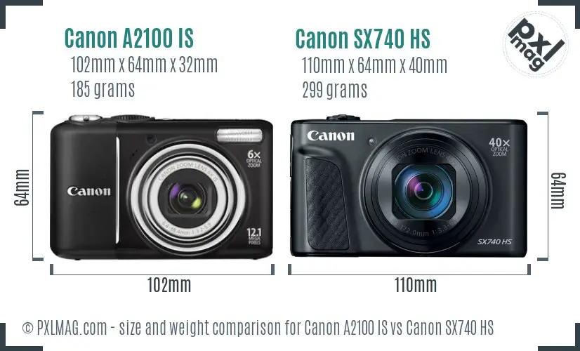 Canon A2100 IS vs Canon SX740 HS size comparison
