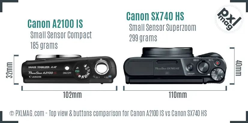 Canon A2100 IS vs Canon SX740 HS top view buttons comparison