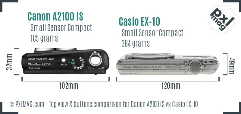 Canon A2100 IS vs Casio EX-10 top view buttons comparison