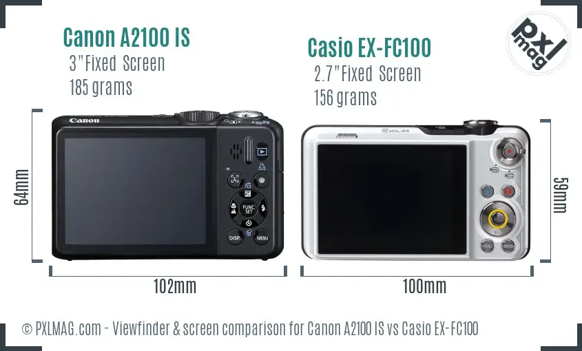 Canon A2100 IS vs Casio EX-FC100 Screen and Viewfinder comparison