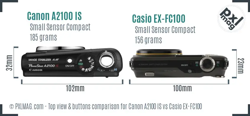 Canon A2100 IS vs Casio EX-FC100 top view buttons comparison