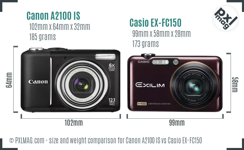 Canon A2100 IS vs Casio EX-FC150 size comparison
