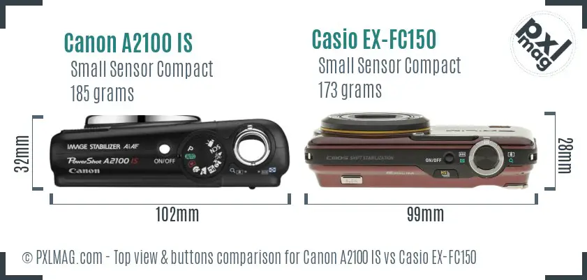 Canon A2100 IS vs Casio EX-FC150 top view buttons comparison