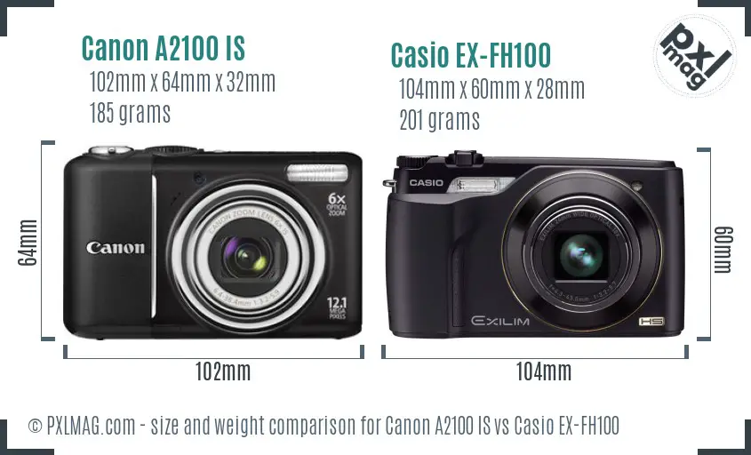 Canon A2100 IS vs Casio EX-FH100 size comparison Canon A2100 IS vs Casio EX-FH100 size comparison