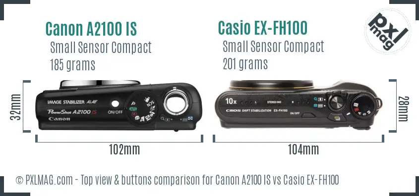 Canon A2100 IS vs Casio EX-FH100 top view buttons comparison Canon A2100 IS vs Casio EX-FH100 top view buttons comparison