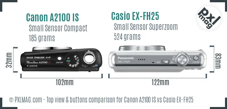 Canon A2100 IS vs Casio EX-FH25 top view buttons comparison