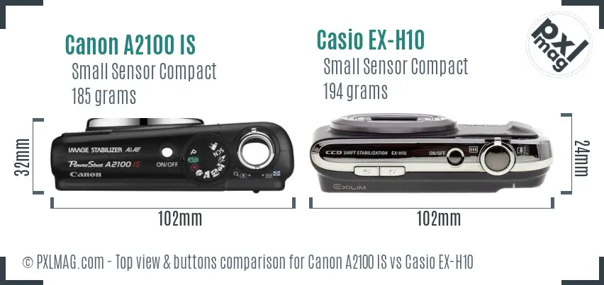 Canon A2100 IS vs Casio EX-H10 top view buttons comparison Canon A2100 IS vs Casio EX-H10 top view buttons comparison
