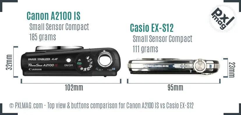 Canon A2100 IS vs Casio EX-S12 top view buttons comparison