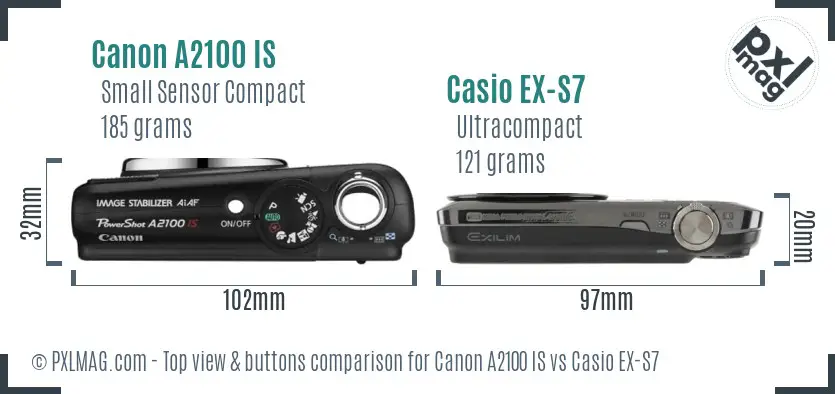 Canon A2100 IS vs Casio EX-S7 top view buttons comparison