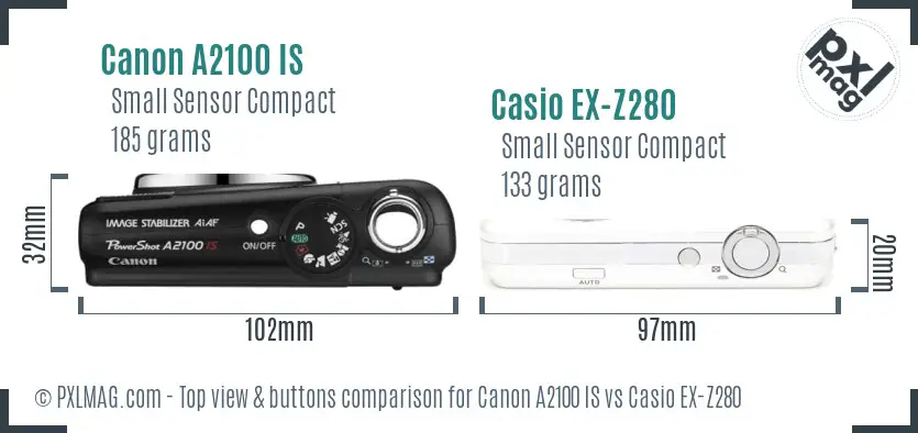 Canon A2100 IS vs Casio EX-Z280 top view buttons comparison