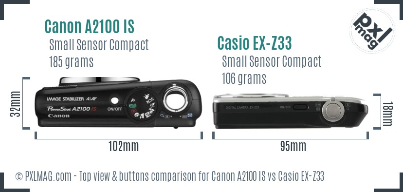 Canon A2100 IS vs Casio EX-Z33 top view buttons comparison