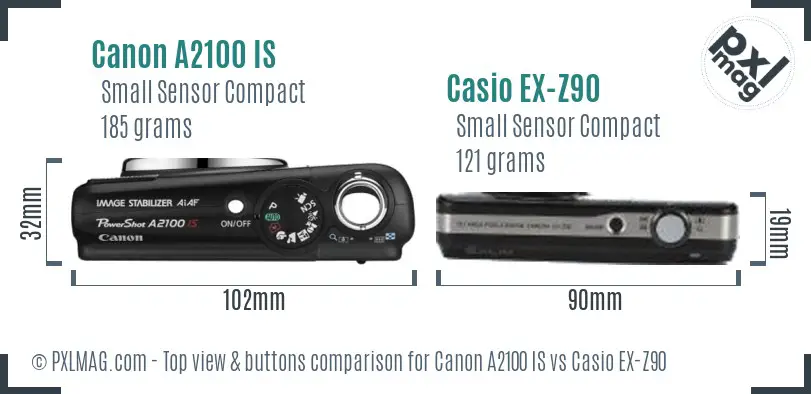 Canon A2100 IS vs Casio EX-Z90 top view buttons comparison