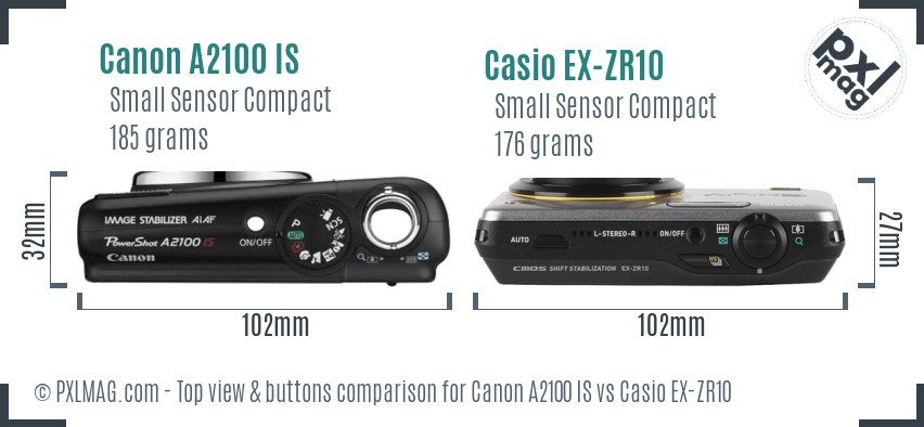 Canon A2100 IS vs Casio EX-ZR10 top view buttons comparison