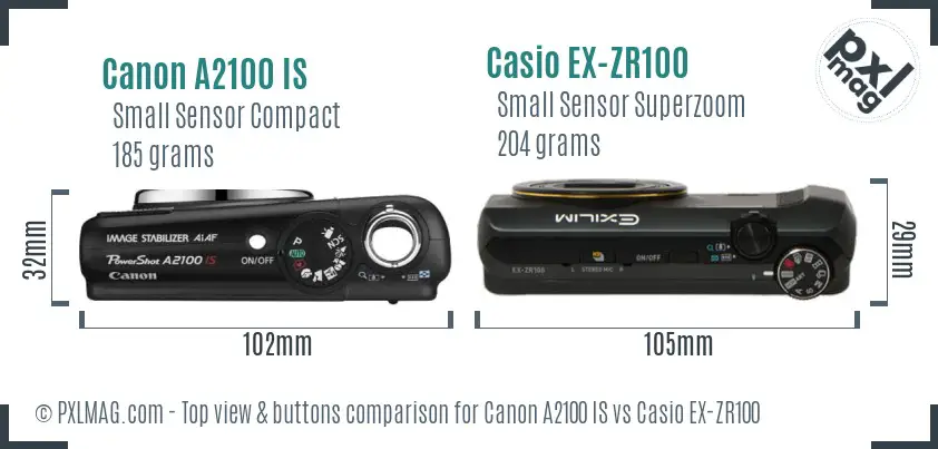 Canon A2100 IS vs Casio EX-ZR100 top view buttons comparison Canon A2100 IS vs Casio EX-ZR100 top view buttons comparison