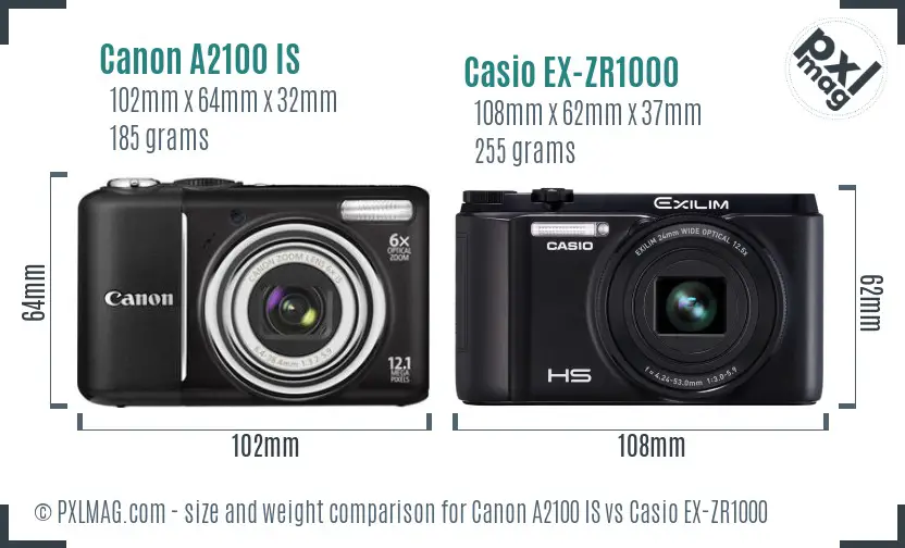 Canon A2100 IS vs Casio EX-ZR1000 size comparison