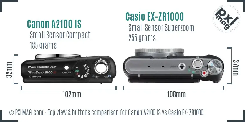 Canon A2100 IS vs Casio EX-ZR1000 top view buttons comparison