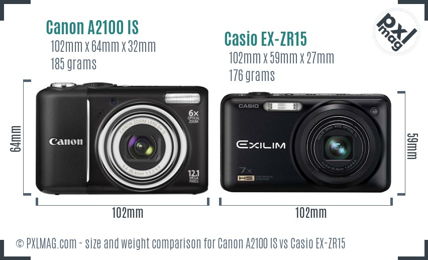 Canon A2100 IS vs Casio EX-ZR15 size comparison