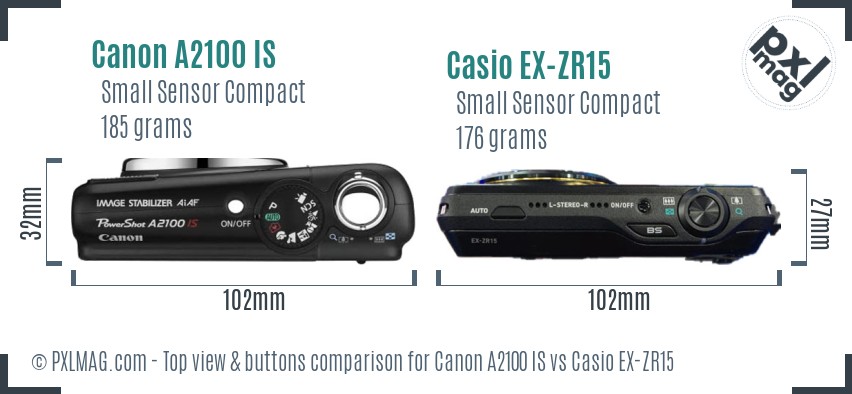 Canon A2100 IS vs Casio EX-ZR15 top view buttons comparison