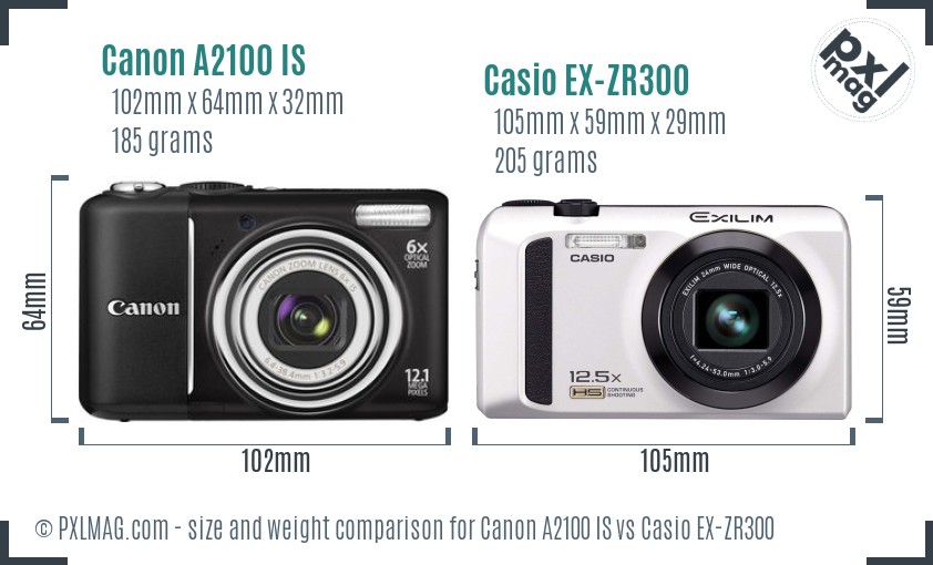 Canon A2100 IS vs Casio EX-ZR300 size comparison