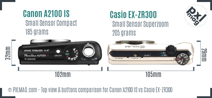 Canon A2100 IS vs Casio EX-ZR300 top view buttons comparison