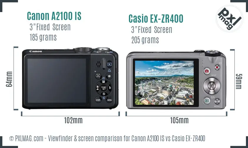 Canon A2100 IS vs Casio EX-ZR400 Screen and Viewfinder comparison